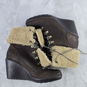 Timberland Boots Womens 8.5  Wedge Sherpa Fold Down Ankle Booties A8443 Brown